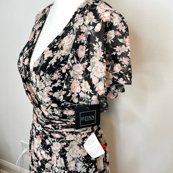 Mac Duggal Floral Print Flutter Sleeve A Line Dress Gown Black 11266 Size 6 New - Picture 9 of 16